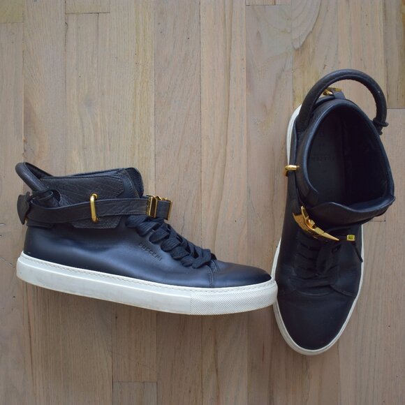 Buscemi Black Leather 100MM Sneakers with Gold Buckle Size 44 - Picture 1 of 12